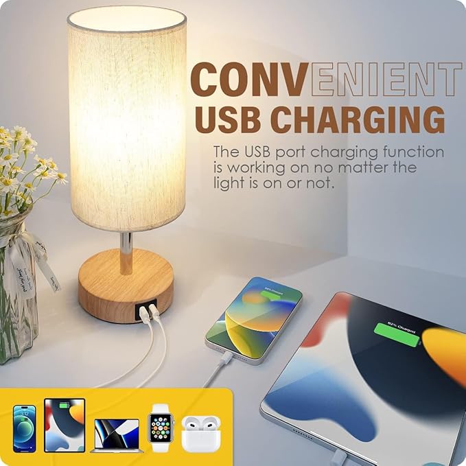 Yarra-Decor Bedside Table Lamp with USB Port - Touch Control for Bedroom 3 Way Dimmable Nightstand Lamp with Flaxen Fabric Shade for Living Room, Dorm, Home Office, Wood-Grain (LED Bulb Included)