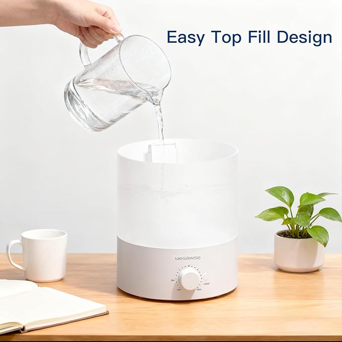 Megawise Cool Mist Humidifier with Top Refill Design, 2L Capacity, High Mist Output, No Leakage, and 7 Color Night Light
