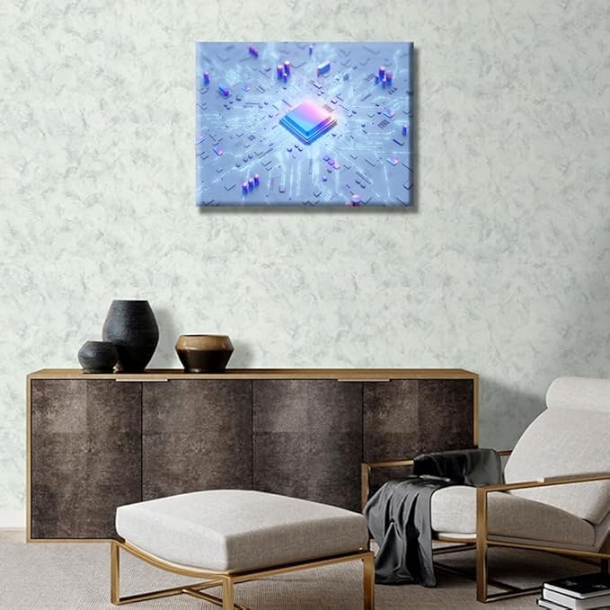 LSIUHWUWI Canvas Wall Art Central Computer Processors CPU Wall Decorations for Living Room Canvas Prints Technology Digital Art Modern Artwork for Bedroom Bathroom Framed Ready to Hang 12x16 INCH