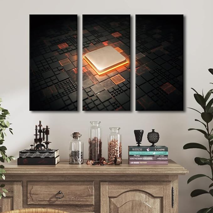 Canvas Wall Art Computer Processors CPU Wall Art for Living Room 3 Piece GPU Card with Circuit and Colorful Lights Modern Wall Decor Contemporary Art Print on Canvas Framed Ready to Hang (40"Wx60"H)