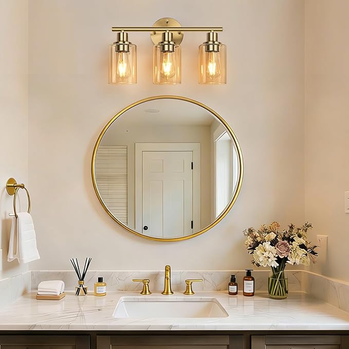 3-Light Bathroom Light Fixtures, Brushed Gold Vanity Light, Farmhouse Wall Lights with Amber Glass Shades, Bathroom Wall Lamp for Mirror Kitchen Bedroom Hallway Living Room