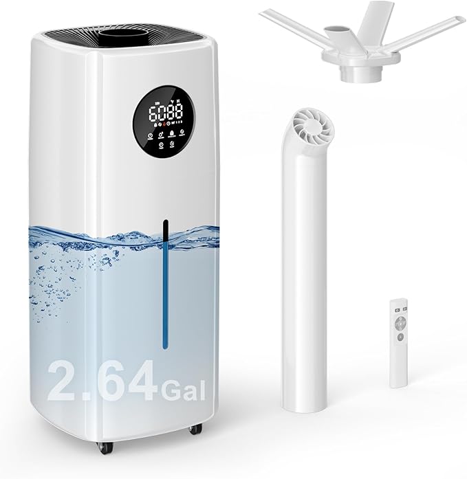 Uthfy 2.64Gal/10L Humidifier for Large Room, Dual 360° Nozzles Ultrasonic Humidifiers for Bedroom, Remote/Touch Control, Top Fill, 12H Timer