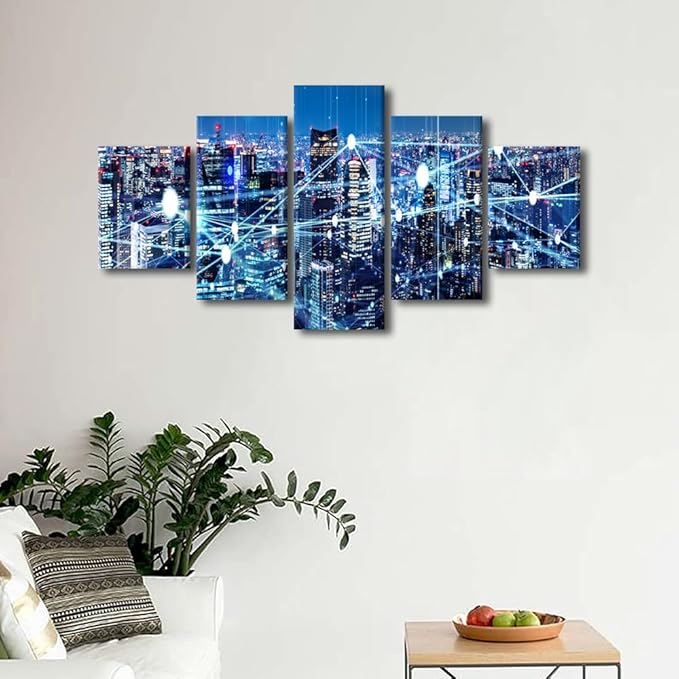 Canvas Wall Art Modern Home Decoration Artwork 5 Panel Wireless Network Poster Smart City Picture Printing Internet Workers Office Wall Art Decorate Frame and Stretched Ready to Hang 60x32 Inch