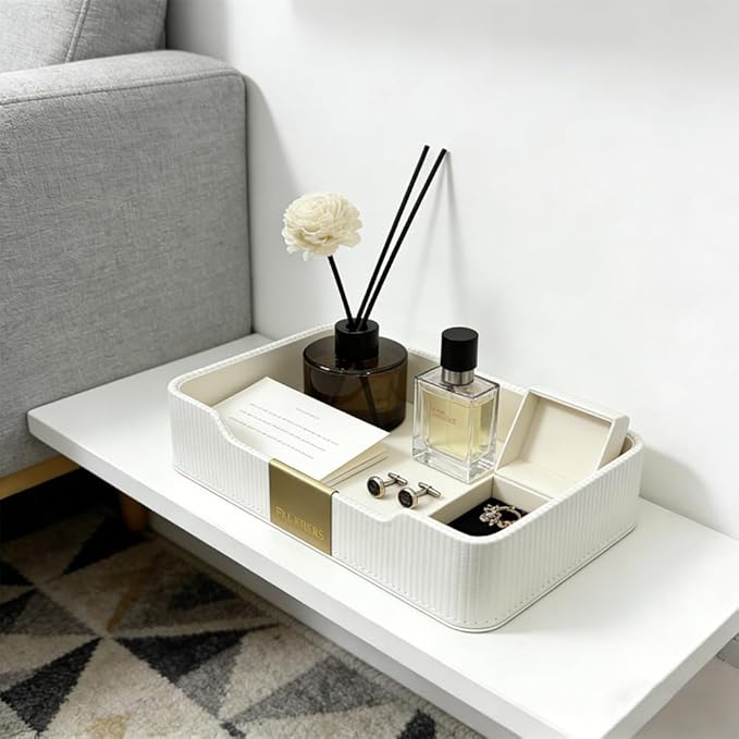 Valet Tray Nightstand Storage Organizer - PU Leather Desktop Storage Organizer Fits Cosmetics Perfume Skincare Lipsticks for Dresser Vanity, Catchall Tray for Watch Wallet Phone Keys|White