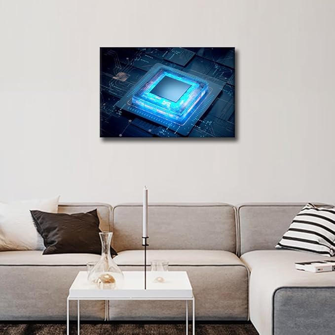 Digital Age Wall Art 1 Piece Cyberpunk AI Pictures Canvas Print CPU Concept Posters Artwork for Home Walls Internet Concept Framed Painting for Bedroom Office Decorations, 24x16in
