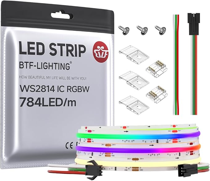 BTF-LIGHTING FCOB WS2814 IC RGBW 3000K COB LED Strip Flexible High Density Uniform Chasing Color Light 9.8FT DC24V 784LED/m 14IC/m 10mm Width for Home Indoor Decor(No Adapter or Controller)