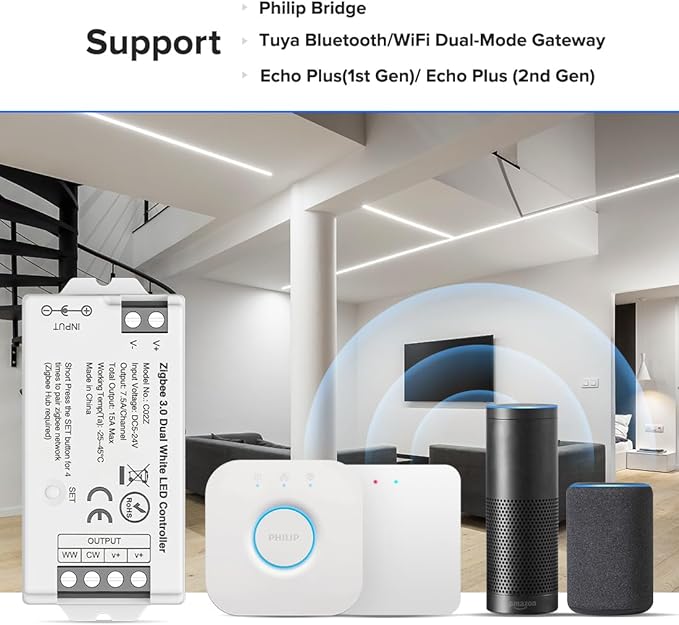 BTF-LIGHTING Tuya Zigbee 3.0 C02Z Controller Support CCT Color 3 pin (+V CW WW) PWM LED Strip Bulb Compatible with Echo Plus/4th Gen Tuya Gateway DC5V/DC12V/DC24V Max 15A