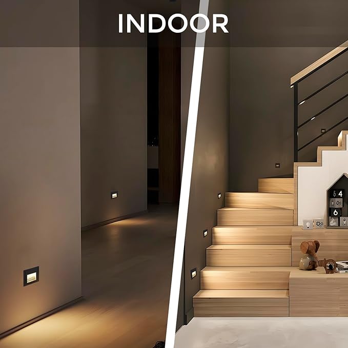 120V Indoor Outdoor Step Lights, Indoor LED Stair Lights Warm White 3000K, IP44 Waterproof Recessed Wall Lights for Stair, Bedroom, Kitchen, Balcony, Aluminum, 8Pack, Black