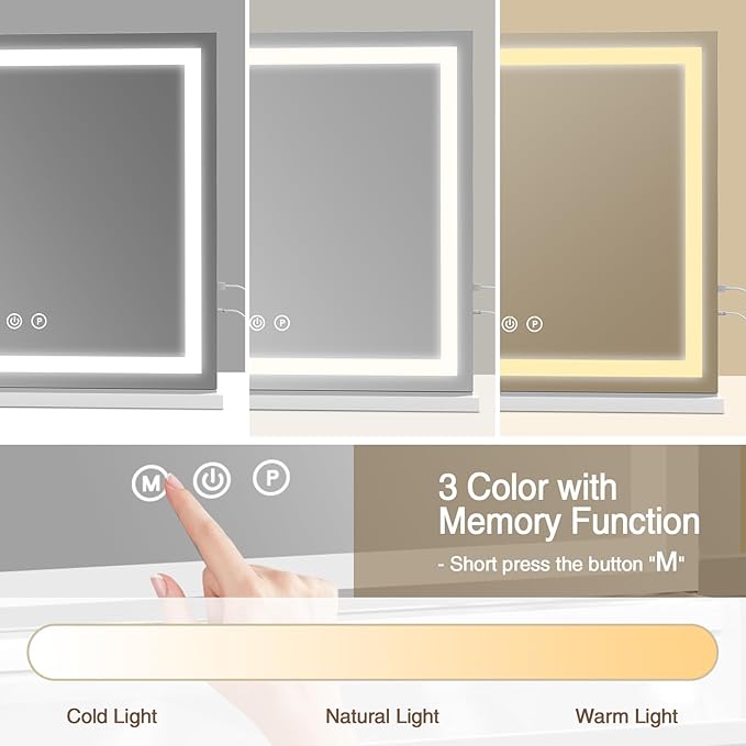 Large Lighted Vanity Mirror, 23" x 19" Light Up Make up Mirror with Smart Touch 3 Colors Dimmable, Tabletop or Wall-Mounted, Memory Function
