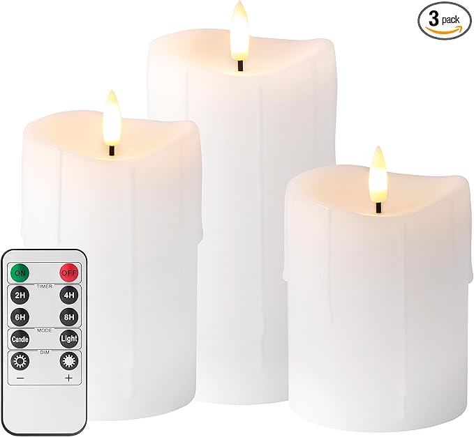 White Flameless Candles with Remote and Timer, Real Wax Made Wax Drip LED Pillar Candles Battery Operated with 3D Flickering Flame Melted Top - 3" x 4",5",6" - Set of 3