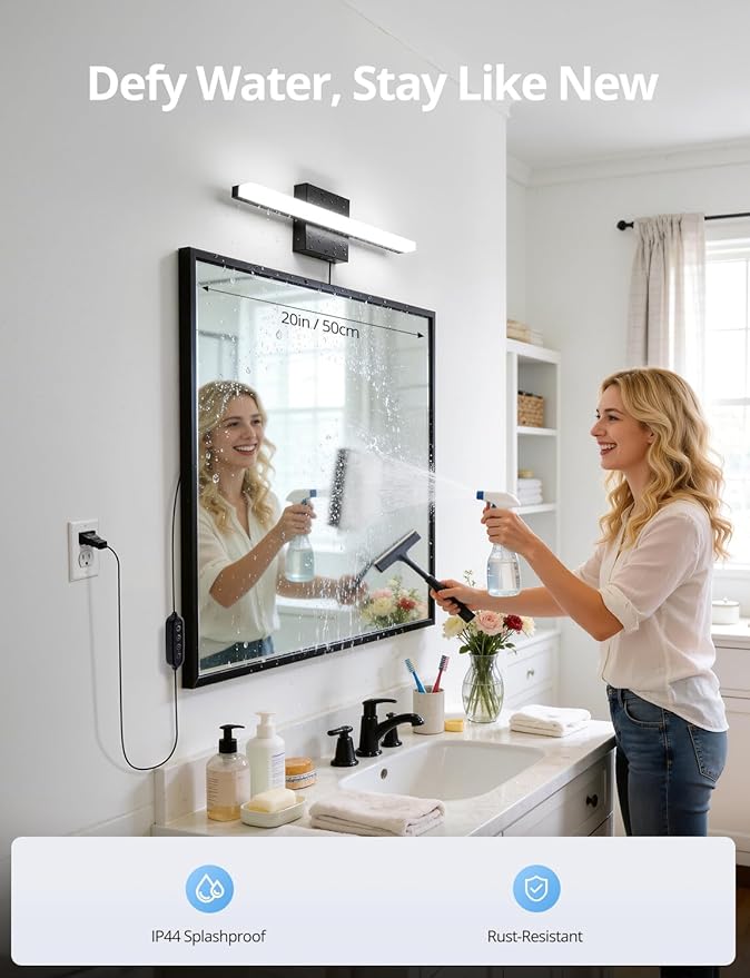 Combuh Black Plug in Vanity Light Bar Corded for Bathroom Lighting Fixture No Wiring, 16Inch 5 Colors Adjustable Dimmable Modern Bright Daylight Mirror Lamp for Wall Dressing Room Makeup(with Plug)