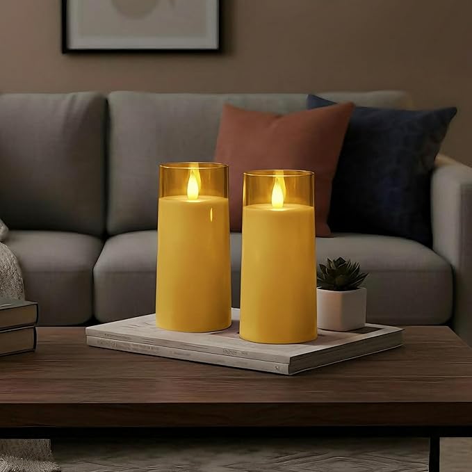 Raycare Flameless Electronic Pillar Candles with Remote Control and Timer- Battery Operated Realistic Flickering LED Fake Candle for Home, Wedding, Valentine's Day Decor, Gold,Set of 2(3"x6"6")