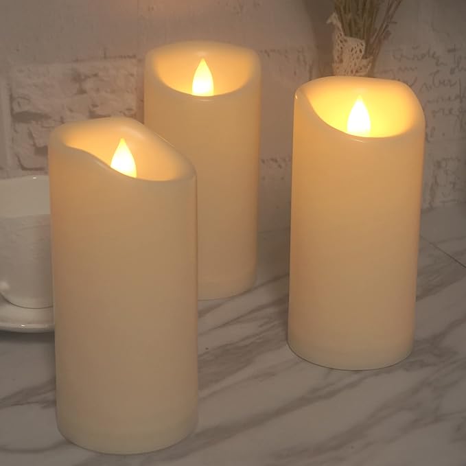 CANDLE CHOICE Outdoor Battery-Operated Flameless Candles with Remote Timer Waterproof Flickering Plastic Electric LED Pillar Lights for Lantern Patio Garden Wedding Halloween Christmas 3”x7” 3 Pack