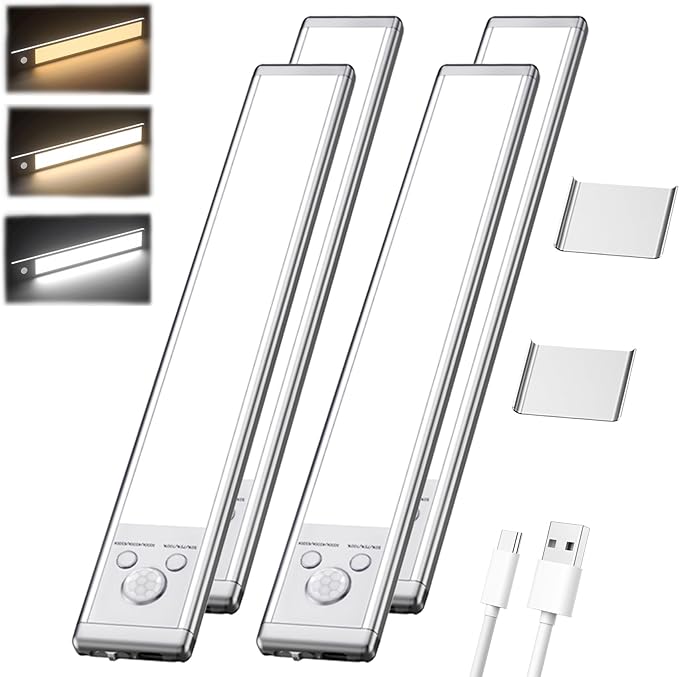 Intelligent Motion Sensor Light Strip, Punch-Free Smart Sensor Magnetic Rechargeable LED Lights Kit, Under Cabinet Night Light for Closet, Kitchen, 3 Dimmable Brightness & Color (4 Pack)