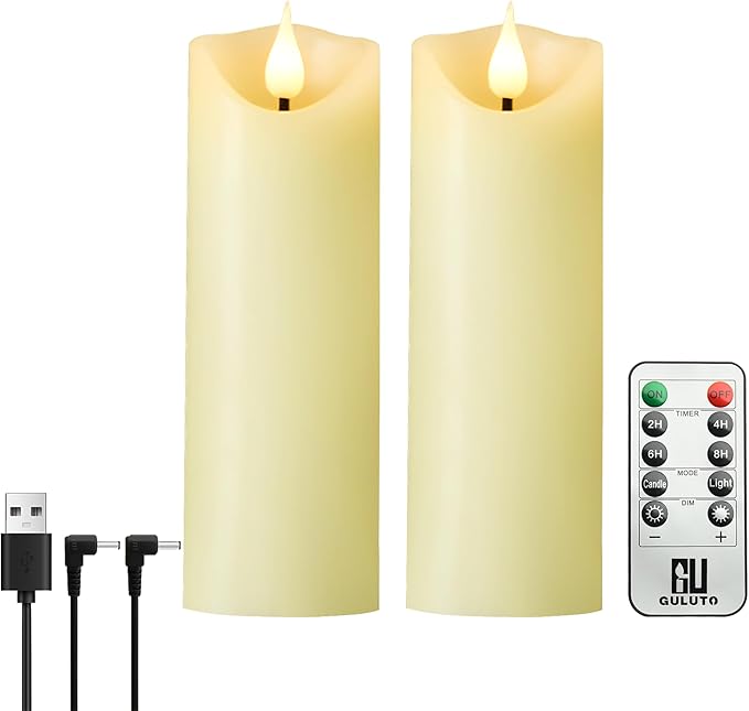 Rechargeable Flameless Candles, 2" x 6", ste of 2, Battery Operated Led Candles, Real Wax Candle with Remote and Timer, Ivory 3D Wick Pillar Candle for Home Fireplace, Wedding Decoration