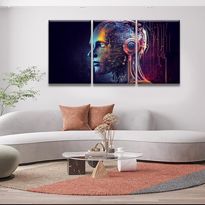 LSIUHWUWI 3 Panel Modern Wall Art Humanoid Head with Blue and Yellow Eyes Pictures Print on Canvas Wall Art for Bedroom Living Room Home Office Wall Decorations Framed Ready to Hang 16x24inchx3
