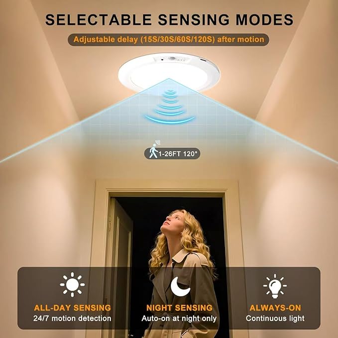 Rechargeable Motion Sensor Ceiling Light with 5 Colors and Remote, Battery Operated LED Shower Light, Magnetic Wireless Closet Light for Bathroom Hallway