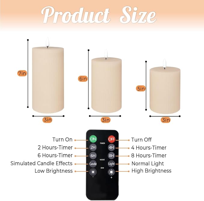 Rechargeable Flameless LED Pillar Candles–Luminous Real Wax Indoor Home Decor–Set of 3, Realistic Flickering LED Flame,Remote & Timer(Light Khaki)