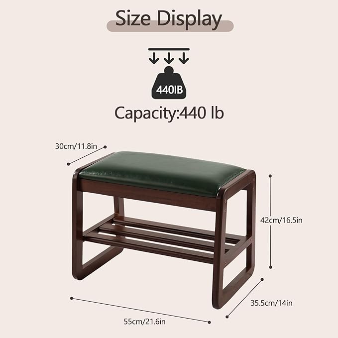 Small Shoe Rack Bench,2 Tier Wooden Entryway Bench with Shoe Storage, Shoe Rack with Cushion for Living Room, Hallway(Green, 21.6")