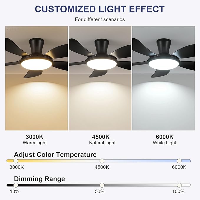 PHORUS 48" Black Low Profile Ceiling Fans with Lights and Remote/APP, Modern Flush Mount Ceiling Fans with Quiet Reversible DC Motor, Dimmable 3 Colors 6 Speeds for Bedroom Kitchen