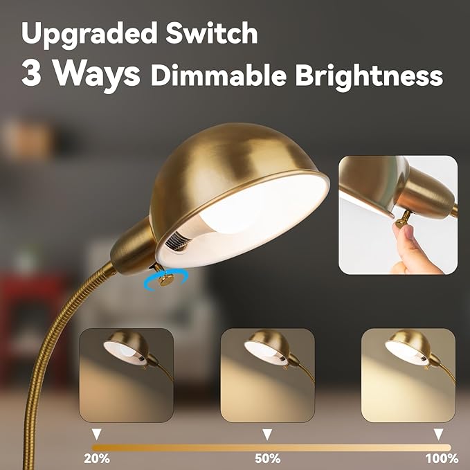 Dimmable Floor Lamp with Flexible Gooseneck and Rotatable Shade, Modern Style Standing Tall Lamp, E26 Socket, LED Reading Lamp (Gold)