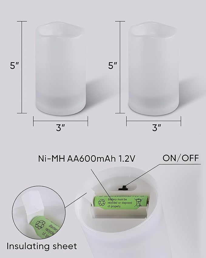 Homemory Solar Candles Outdoor Waterproof, Rechargeable Candles, Solar Powered Flameless Candles for Outdoor, Lanterns, Sensor Only, Dusk to Dawn, 3"x5", Set of 2