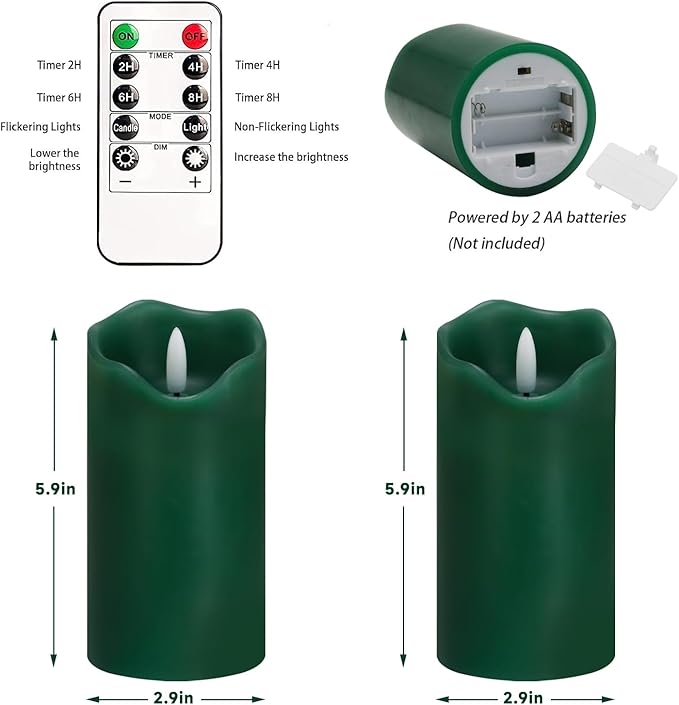 VEEKI Flameless Candles Light, Set of 2 6"x3" Flickering Christmas Flameless Candles with Remote & Timer, Dimmable Real Wax Pillar Candles Battery Operated, Green Candles for Home Xmas Decor (Green)