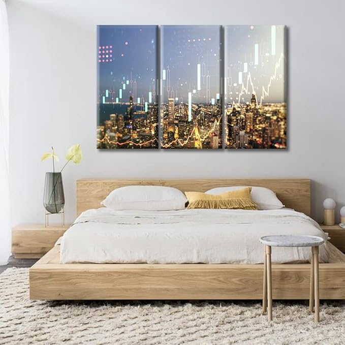 3 Panels Abstract Virtual Financial Graph Hologram on Chicago Cityscape Background Financial and Trading Concept Pictures Wall Art for Bedroom, Living Room, Office. Framed Ready to Hang (42"Wx28"H)