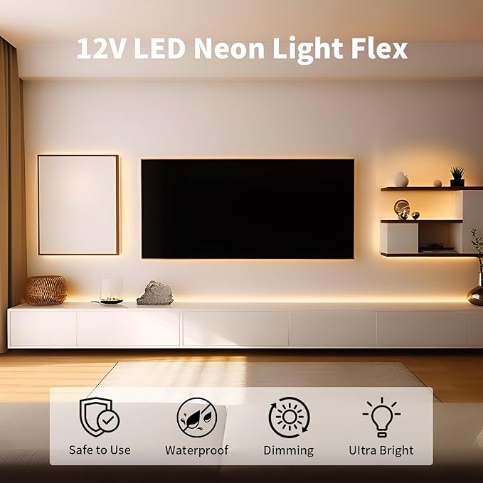 5M Neon LED Strip Light,12V Warm White Rope Lights with Plug, Waterproof Dimmable Flexible Bendable Silicone Lights for Bedroom TV Backlight Kitchen Cabinet Bathroom Ceiling Wall Indoor Outdoor Decor