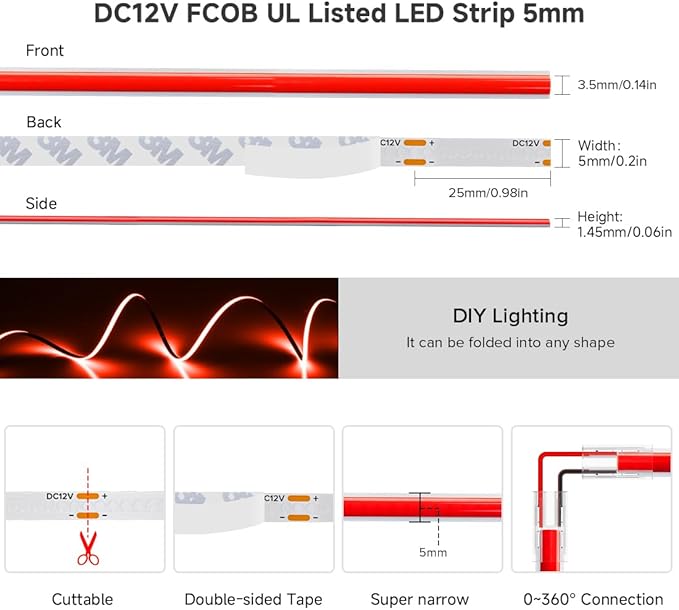 BTF-LIGHTING FCOB COB LED Strip Red Color 5mm Width UL Listed Super Narrow Flexible Uniform Light DC12V 16.4FT CRI 90+ Dimmable LED Ribbon for Bedroom Home Indoor Decor(No Adapter or Controller)
