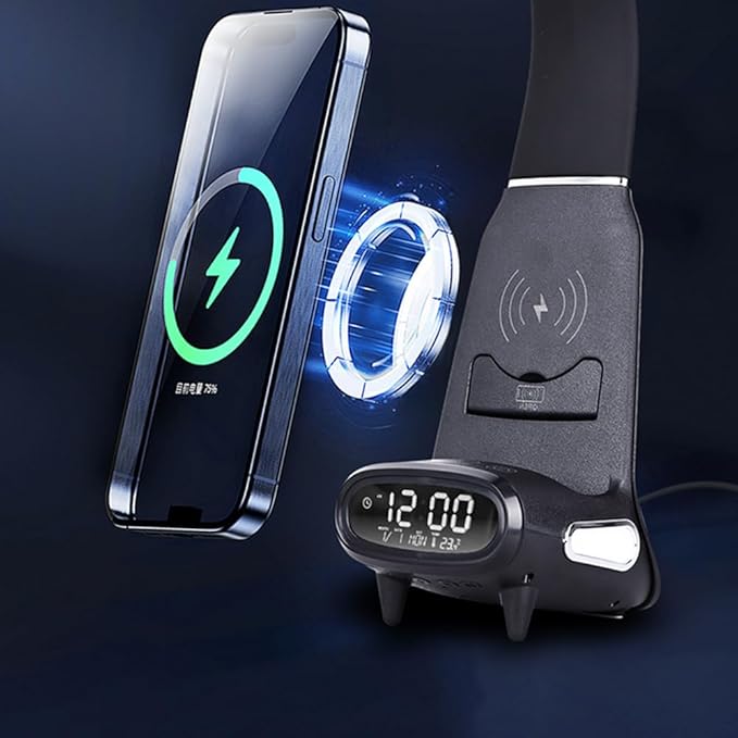 IHAO Multi Functional Smart Eye-Care Desk Lamp Wireless Charger & Digital Alarm Clock Gesture Control Adjustable Light 15W Fast Charging Hidden Phone Stand, Date Timer Display Wake-Up Light-TX79 Black