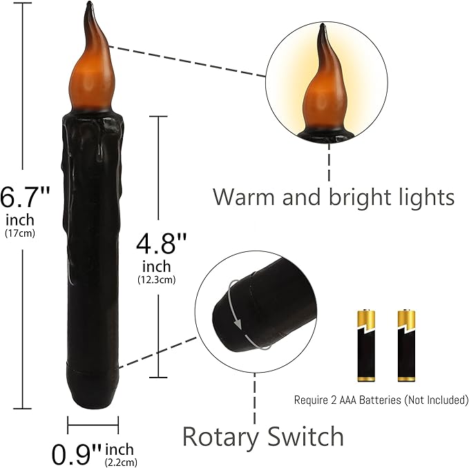 Black Candlesticks Flameless Taper Candle, 4pcs Real Wax LED Tapered Candles Remote Dipped Candle 6inches Battery Chandelier for Enchanting Weddings Harry Potter Inspired Vigils,B