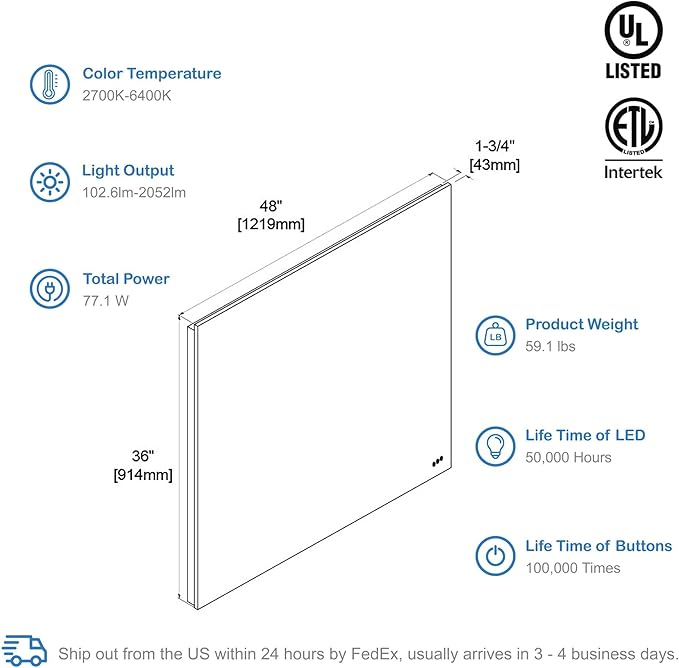 Blossom 48"X36" LED Bathroom Mirror with Lights, Front Lit and Backlight, Stepless Dimmable, Anti-Fog, Shatter-Proof Tempered Glass, Memory, 3 Colors Lighting Bathroom Mirrors for Vanity