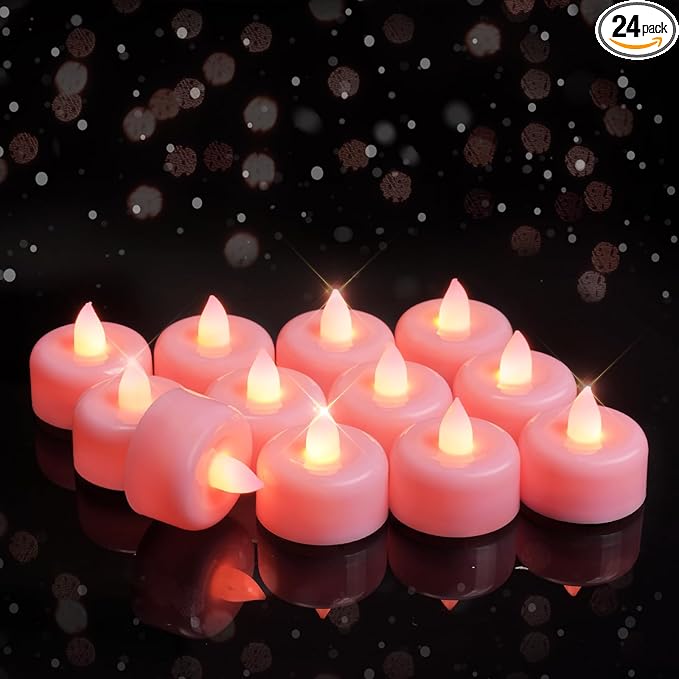 Raycare Pink Battery Operated Tea Lights, 24 Pack Long Lasting Fake Candles, Flameless LED Tea Light, Colored Tealights Candles for Special Night, Theme Party, Aniversary, Wedding Table Decor