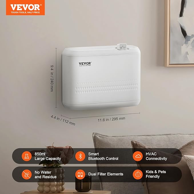 VEVOR Upgrade HVAC Scent Diffuser for Whole House, 850ml Bluetooth Smart Essential Oil Diffuser with Cold Air Tech, Waterless Scent Air Diffuser, Cover Up to 4500 Sq.Ft for Large Room, Hotel, Office