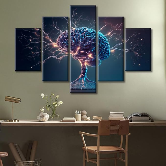5 Piece Brain Wall Pictures for Living Room Human Brain Painting on Canvas Wall Decor Art Neuronal Impulses Bedroom Wall Art Framed Ready to Hang, (60"Wx40"H)