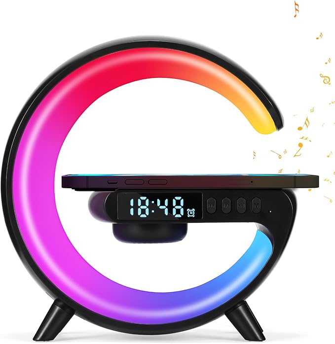 Blingbin Wireless Charger Atmosphere Lamp, 2025 New Mini LED Table Lamp, Bluetooth Speaker, Dimmable Night Light Bedside Lamp Alarm Clock with Music for Christmas Birthday New Year Gifts