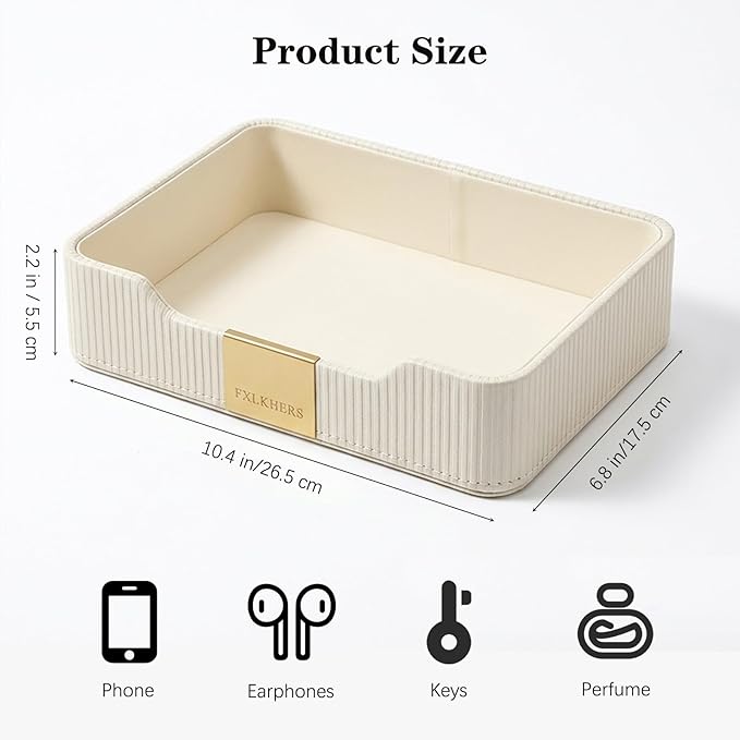 Valet Tray Nightstand Storage Organizer - PU Leather Desktop Storage Organizer Fits Cosmetics Perfume Skincare Lipsticks for Dresser Vanity, Catchall Tray for Watch Wallet Phone Keys|White