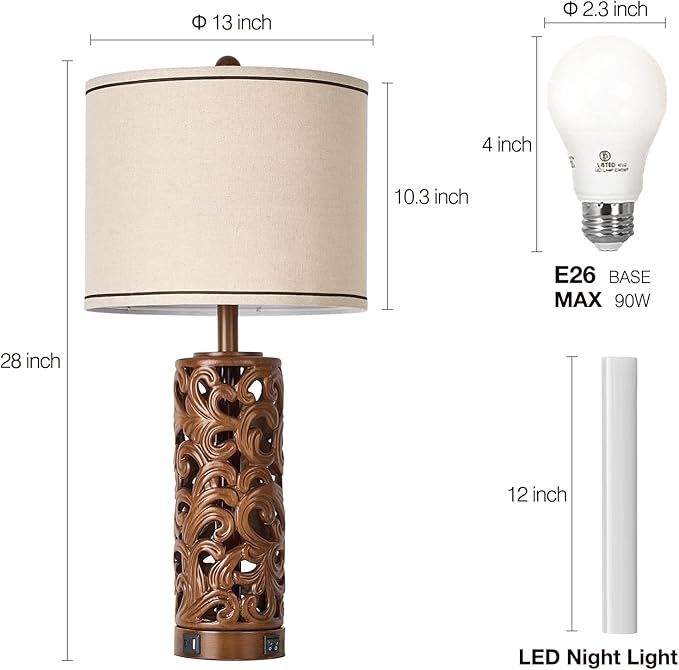 AIDENOEY Set of 2 Farmhouse Table Lamps with 2 USB Charging Ports, Vintage Carved Bedside Lamps with Smart Dimmable Bulbs, Rustic Nightstand Lamps for Bedroom Living Room Home Decor