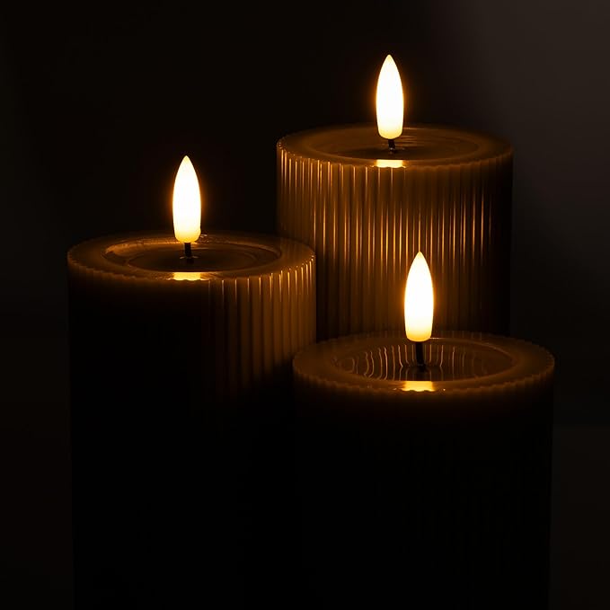 WYZworks Fluted Ribbed LED Pillar Candles, Loden Green, with Realistic Reflective Melted-Wax Effect – Flickering Flame, Remote, Dimmable, Flameless, Battery Operated, Home & Wedding Decor (Set of 3)