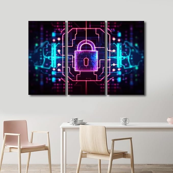 Framed Canvas Wall Art 3 Panels Padlock on Technological Circuit Background with Neon Lights, Cyber Security Concept Posters and Prints for Home Wall Decoration, Ready to Hang, 60" Wx40 H