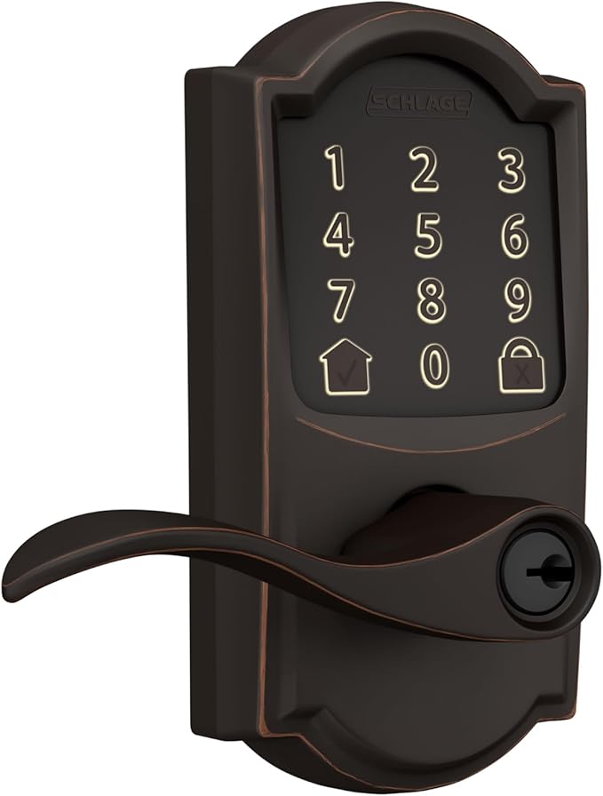 Schlage Encode Smart Wi-Fi Lock with Lever Handle, Touchscreen Keypad, Keyless Entry Door Lock, App Control, Alexa, Google Home and Airbnb Compatible, Aged Bronze, FE789WB CAM 716 Acc