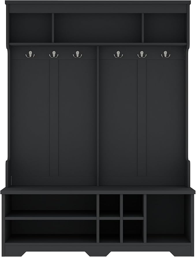 Modern Entryway 3-Tier Hall Tree, Coat Rack with Shoe Storage, Bench Seat, 6 Metal Hooks and Open Shelves, for Organized Homes (Black)