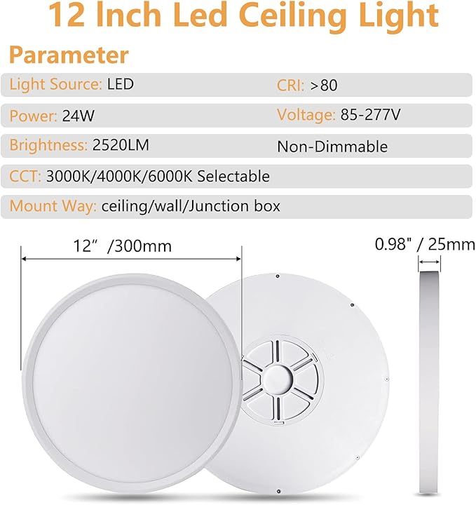 6PK 12 Inch LED Flush Mount Ceiling Light, 24W, 2520LM, 3000K/4000K/6000K CCT Selectable Super Slim LED Ceiling Light, Close to Ceiling Round Flat Panel Light for Hallway, Bedroom,Kitchen ect