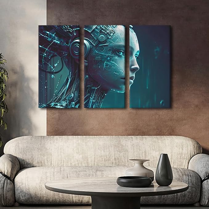 TUMOVO Artificial Intelligence Pictures Binary Code Wall Art 3 Panel Future Technology Canvas Print Art for Living Room Bedroom Decoration, Modern Artwork Stretched Framed Ready to Hang, 36" Wx24 H