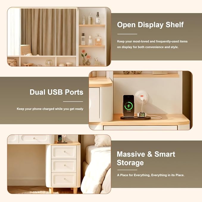Vanity Desk with Mirror and Lights,Makeup Vanity with 2 USB Power Strip,Vanity Set with Two Drawers and Three-Drawer Chest, 3 Lighting Modes Adjustable Brightness, Foldable Three-Sided Mirror