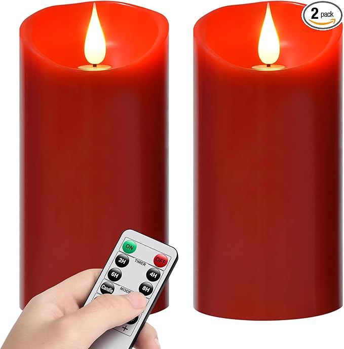 Nancia Flameless Battery Operated Flicking Candles:Remote Control Realistic Wax Pillar LED Candle with 10-Key Cycling 24 Hours Timer for Home Decoration Wedding Birthday Party Ivory 2PACK Red