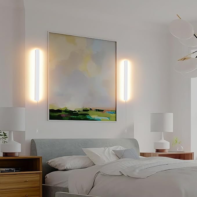Modern Plug in Wall Sconces, 23.6 inch Frosted White LED Long Wall Lights, 12W Warm White 3000K Acrylic Indoor Wall lamp,with 59" Plug Cable for Bedroom, Living Room, Bathroom Makeup, Hallway