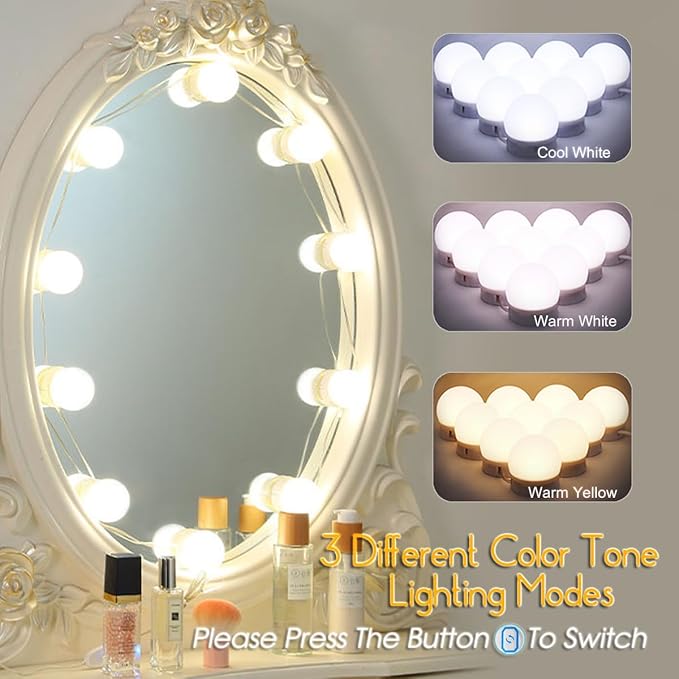 Led Vanity Mirror Lights,Vanity Lights for Makeup Dressing Mirror Lighting,10 Dimmable Bulbs,Adjustable Light Color & Brightness,USB Cable,Mirror not Included