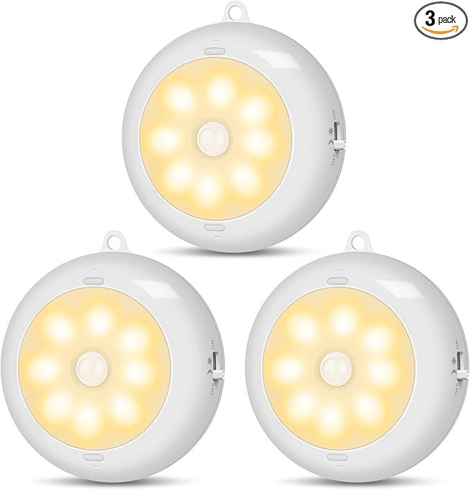Motion Sensor Light Indoor AA Battery Operated, Under Cabinet Lighting, Magnetic Stick on LED Puck Lights for Stair, Wall, Closet, Dimmable, 3000K Warm White (3 Pack)